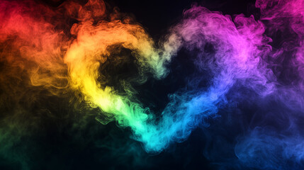 Obraz premium Colorful jets of rainbow steam forming the shape of a heart on a dark black background, vibrant and abstract, detailed misty texture, vivid color gradients transitioning seamlessly