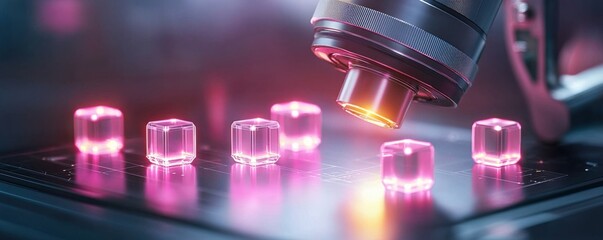 Microscope examining transparent cubes laboratory science imagery high-tech environment close-up view innovation
