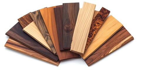 Naklejka premium Different types of wood veneer samples are meticulously displayed on a clean white background, highlighting their varied textures and colors