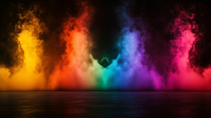 Fototapeta premium Colorful jets of rainbow steam spreading dynamically on a dark black background, vibrant and abstract, detailed misty texture, vivid color gradients transitioning seamlessly
