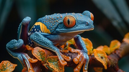 A perfect closeup of e red eyed  blue frog placed on a branch full of green leaves in blur background