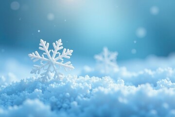 Delicate snowflake falls gently on a pale blue background, serene, gentle, icy