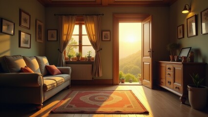 Fototapeta premium A cozy bedroom filled with sunlight, featuring wooden furniture and an inviting, warm ambiance..