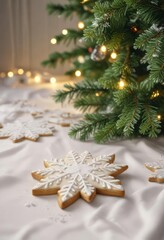 Frosted biscuit snowflakes scattered across a snowy-white tablecloth with a Christmas tree nearby, frosty, christmas, festive