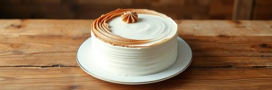 Delicate white cake with swirled brown frosting on a wooden table, celebration, table