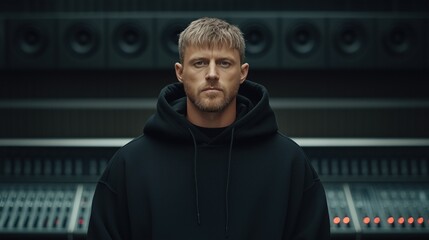 musician, wearing a black hoodie, stands in a professional recording studio surrounded by advanced audio equipment and speakers, emphasizing a serious and creative atmosphere