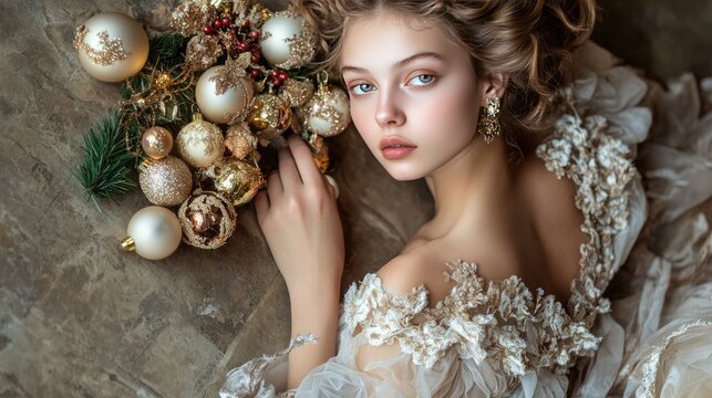 Elegant Woman in Vintage Lace with Luxurious Christmas Decorations