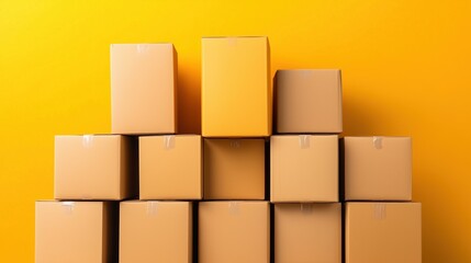 Obraz premium Cardboard boxes are neatly stacked to form a pyramid against a vivid yellow wall. This arrangement showcases the simplicity and uniformity of packaging materials in a visually striking manner