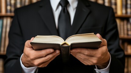 person dressed in a suit and tie is holding an open book with both hands in a library filled with shelves of books. Natural light illuminates the surroundings, creating a scholarly atmosphere