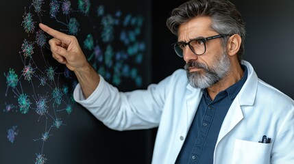 scientist dressed in a white lab coat concentrates on molecular structures displayed on a blackboard