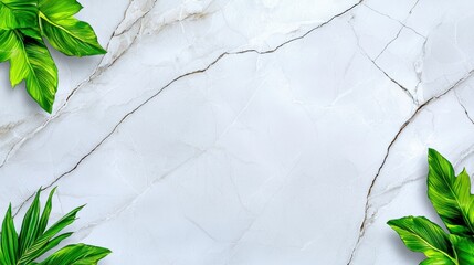 White marble background with green leaves for textures and natural decor