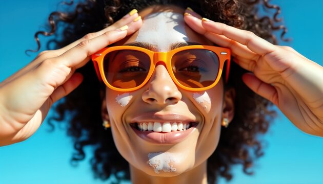 Woman happily applies sunscreen on face outdoors under bright sun. Wears stylish orange sunglasses. Sun protection vital skincare element. Summer time fun with sun cream, sunglasses. Woman smiles,