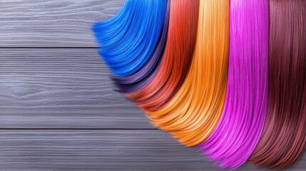 Rainbow colored hair color chart displaying various shades and tones for hairdressing and styling purposes