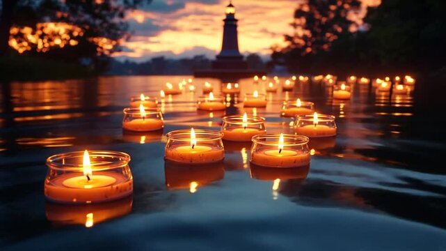 Tranquil scene with floating candles at sunset near a lighthouse.