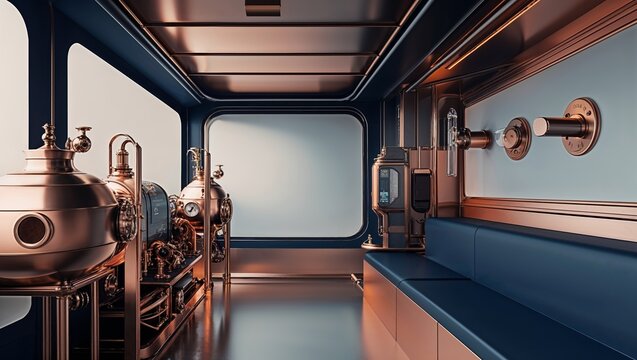 Copper Steampunk Interior with Metal Tanks and Blue Bench Seat with Elegant Lighting