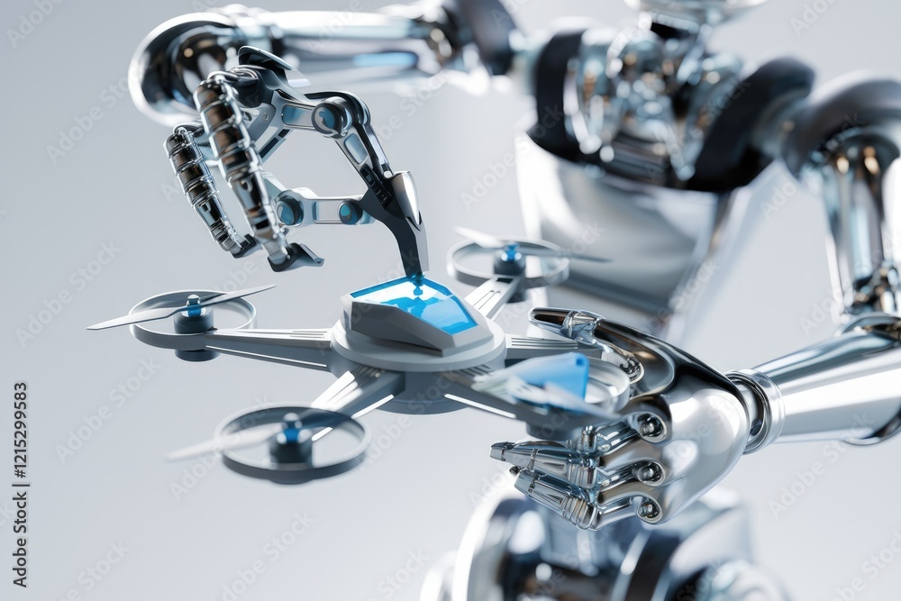 Poster A robotic arm delicately interacts with a drone, showcasing advanced automation and technological synergy.