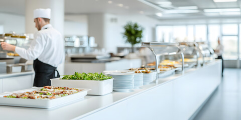 A chef prepares food in a bright, modern cafeteria.  Stacks of plates and various dishes are neatly arranged on a self-serve counter, showcasing a fresh and healthy meal.