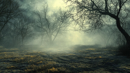 Moody, Atmospheric Foggy Forest Landscape with Bare Tree Branches