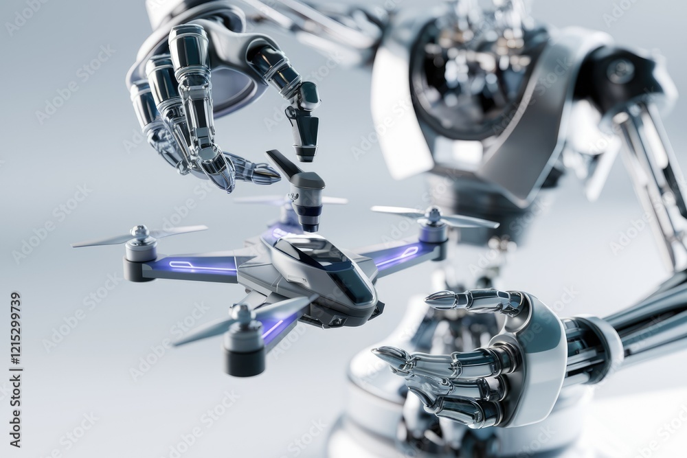 Poster a robotic arm carefully handles and positions a futuristic drone, showcasing advanced automation tec