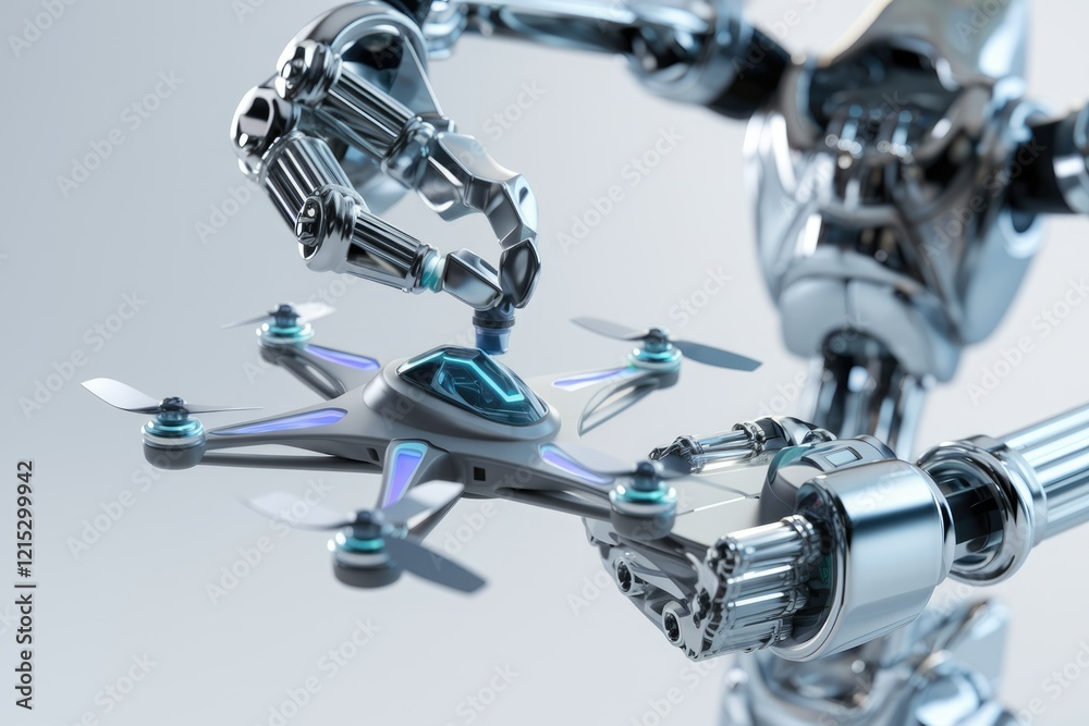 Poster a robotic arm carefully places a drone, showcasing advanced automation and technological integration