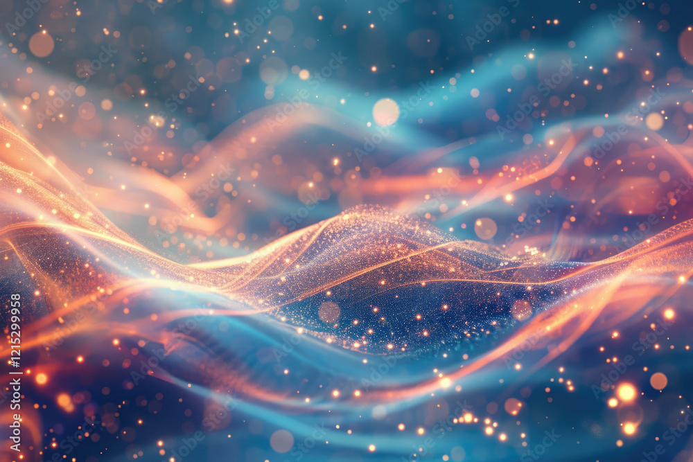 Poster abstract cosmic landscape with glowing particles and swirling nebulae, creating a dreamy, ethereal e