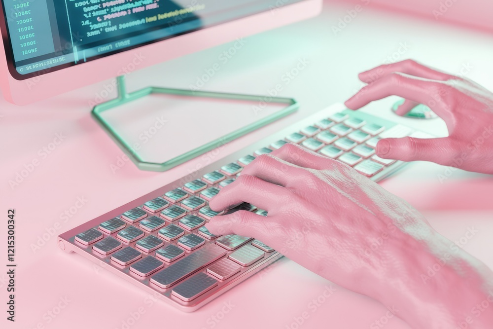 Aufkleber hands typing code on a pastel pink keyboard and computer.