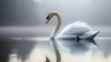 Fototapeta premium elegant white swan, serene lake, misty atmosphere, rippled water surface, soft focus, muted colors, tranquil scene, graceful pose, reflection in water, moody lighting, ethereal ambiance, nature photog