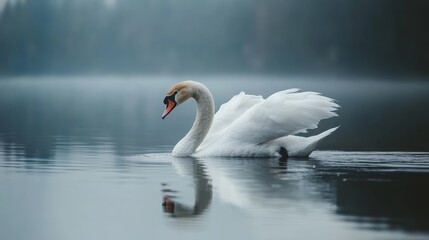 Obraz premium elegant white swan, serene lake, misty atmosphere, rippled water surface, soft focus, muted colors, tranquil scene, graceful pose, reflection in water, moody lighting, ethereal ambiance, nature photog