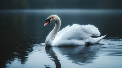 Obraz premium elegant white swan, serene lake, misty atmosphere, rippled water surface, soft focus, muted colors, tranquil scene, graceful pose, reflection in water, moody lighting, ethereal ambiance, nature photog
