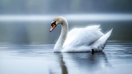 Fototapeta premium elegant white swan, serene lake, misty atmosphere, rippled water surface, soft focus, muted colors, tranquil scene, graceful pose, reflection in water, moody lighting, ethereal ambiance, nature photog