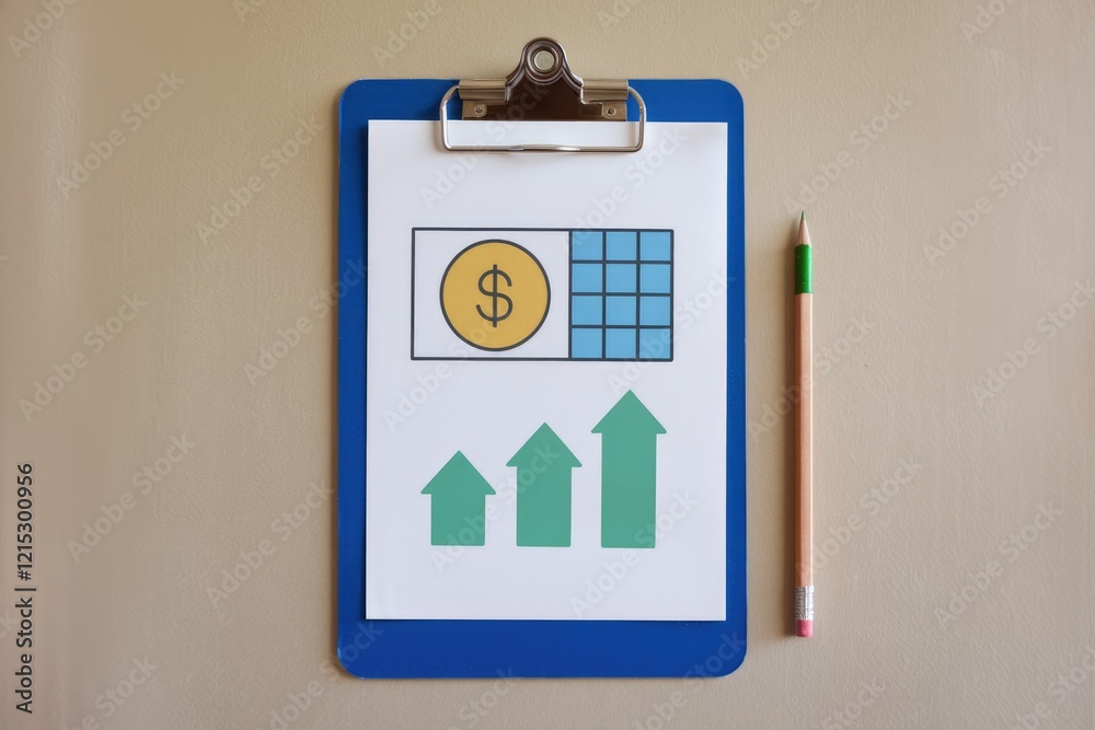 Poster clipboard showing upward trending graph representing financial growth and increase in revenue.