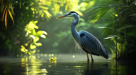 Naklejka premium Heron standing gracefully in calm waters surrounded by lush greenery in a tropical setting