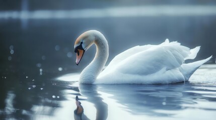 Obraz premium elegant white swan, serene lake, misty atmosphere, rippled water surface, soft focus, muted colors, tranquil scene, graceful pose, reflection in water, moody lighting, ethereal ambiance, nature photog