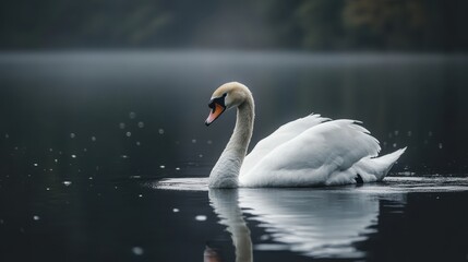 Obraz premium elegant white swan, serene lake, misty atmosphere, rippled water surface, soft focus, muted colors, tranquil scene, graceful pose, reflection in water, moody lighting, ethereal ambiance, nature photog