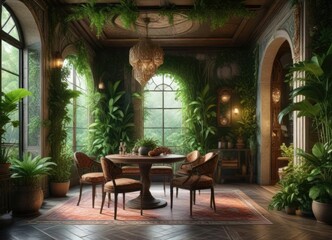 Fototapeta premium Exotic dining space with lush greenery and intricate patterns, Moroccan palace, regal ambiance, exotic decor