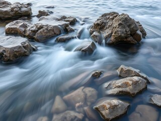 Ethereal waters flow gently over weathered stone formations, abstract, subtle