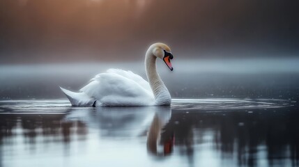 Fototapeta premium elegant white swan, serene lake, misty atmosphere, rippled water surface, soft focus, muted colors, tranquil scene, graceful pose, reflection in water, moody lighting, ethereal ambiance, nature photog