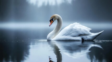 Fototapeta premium elegant white swan, serene lake, misty atmosphere, rippled water surface, soft focus, muted colors, tranquil scene, graceful pose, reflection in water, moody lighting, ethereal ambiance, nature photog