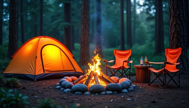 Cozy camping scene at dusk in forest. Orange tent, chairs near burning campfire. Rocks surround fire pit. Warmth, tranquility evident. Great for outdoor enthusiasts nature lovers. Ideal image for