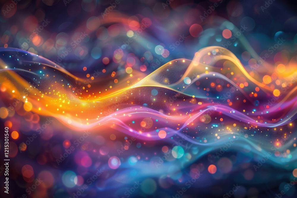 Aufkleber Abstract image of colorful glowing waves and bokeh lights, creating a vibrant and energetic atmosphere.