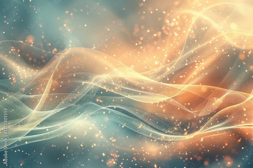 Poster Abstract background with flowing, luminous waves and golden sparkles, creating a dreamy, ethereal atmosphere.