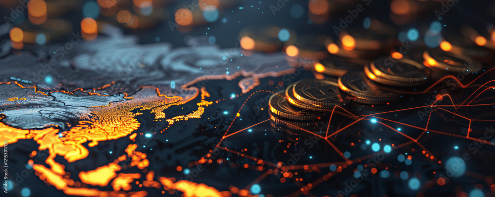 Aufkleber digital illustration of coins over a world map with glowing economic graphs and circuits