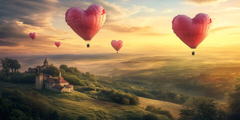 Fototapeta premium Floating Heart-Shaped Balloons Over a Scenic Landscape