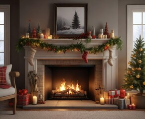 Cozy holiday fireplace with stockings hung and garland adorned mantel, mantel, holidays, garland
