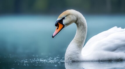 Obraz premium elegant white swan, serene lake, misty atmosphere, rippled water surface, soft focus, muted colors, tranquil scene, graceful pose, reflection in water, moody lighting, ethereal ambiance, nature photog