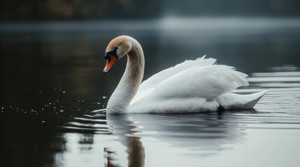 Fototapeta premium elegant white swan, serene lake, misty atmosphere, rippled water surface, soft focus, muted colors, tranquil scene, graceful pose, reflection in water, moody lighting, ethereal ambiance, nature photog