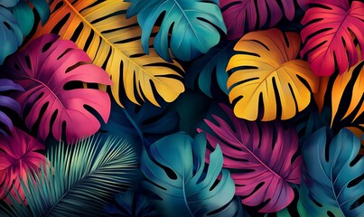 Purple and blue neon palm leaves, a jungle background  creating an exotic feel 