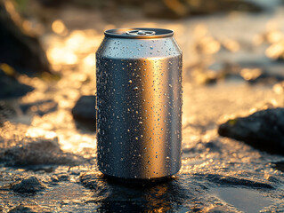 Bright sunlight reflects off a cold can on wet rocks