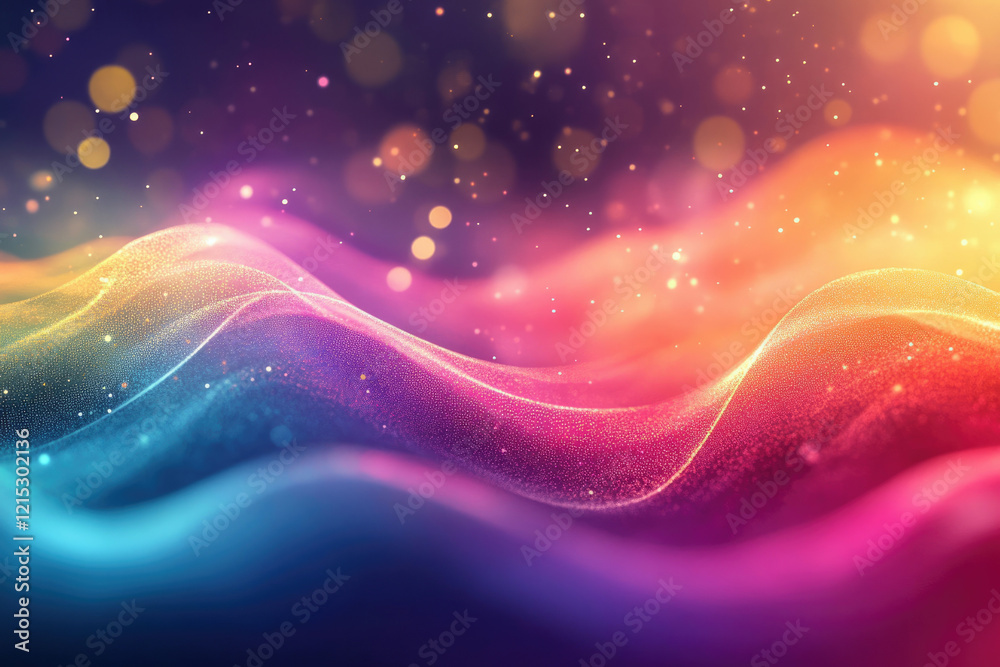 Poster abstract colorful waves with glowing particles and bokeh lights create a vibrant, dreamy, and magica
