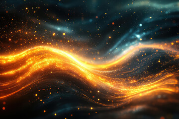 Fototapeta premium Abstract waves of glowing particles, vibrant orange and blue hues, cosmic energy, digital art.